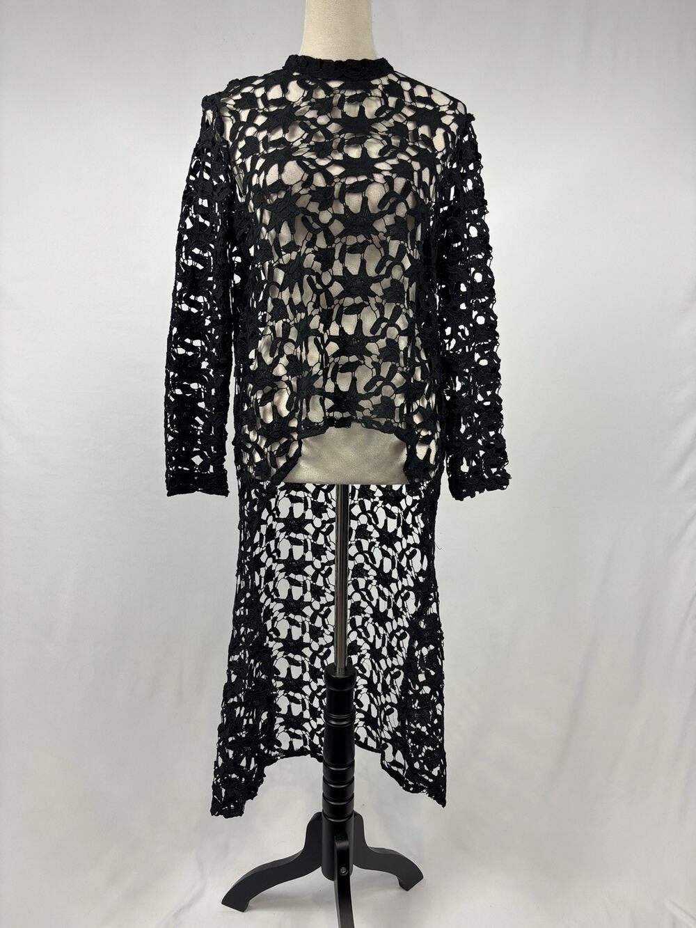 Asher Lace Over Piece Black Small Sheer Long Sleeve High Low Hem